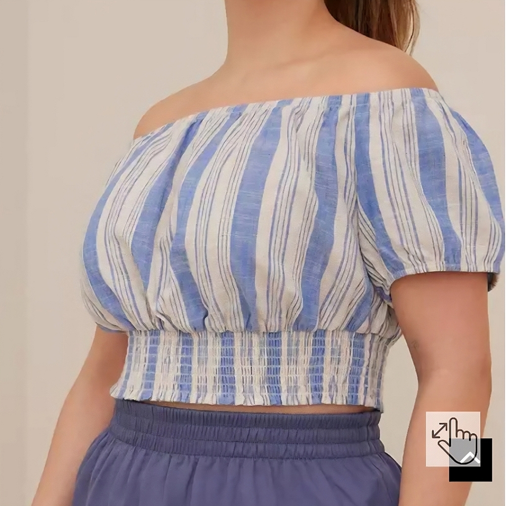 NWT Torrid Blue Striped Linen Blend Smocked Waist Off-Shoulder Crop Top 🩵 sz 4